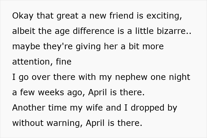 Text excerpt showing a man confronting parents about their 20-year-old best friend and being called controlling.