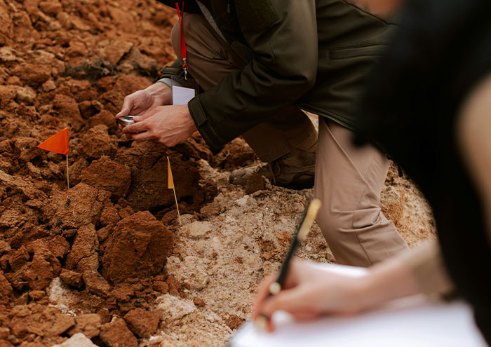 Scientist examining soil samples outdoors with flags marking research spots, focusing on unproven scientific theories.