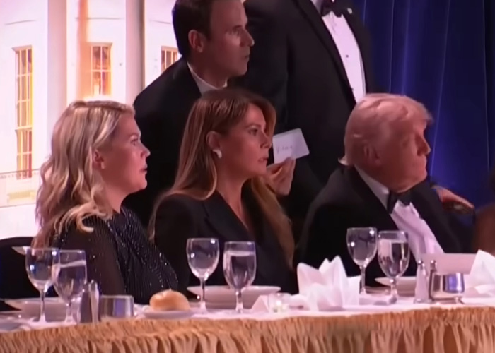 White House Correspondents Dinner attendees including Donald Trump, a California teacher, and a woman at a table with drinks.