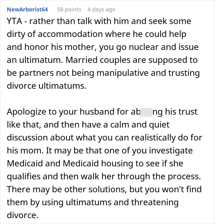 Woman Threatens Divorce If Husband Financially Contributes To His Mother's Care: "Told Him That Is Nuts"