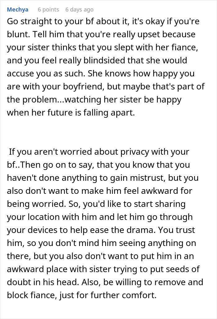 Screenshot of an online advice comment about a woman accused of sleeping with sister&rsquo;s fianc&eacute; causing family conflict.