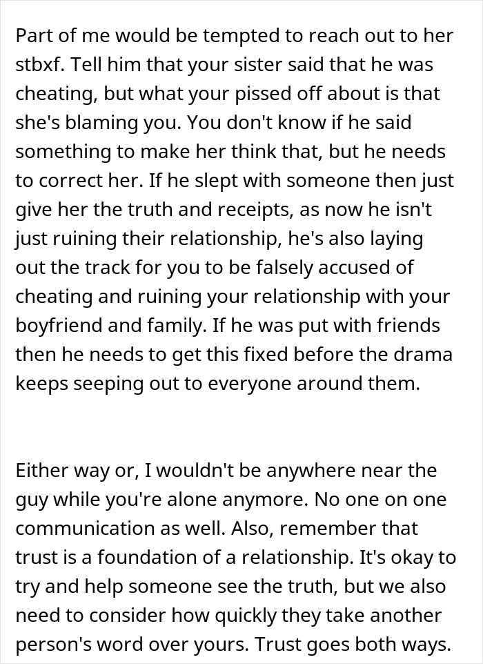 Text excerpt showing advice on handling accusations involving a woman accused of sleeping with her sister&rsquo;s fianc&eacute; and family trust issues.