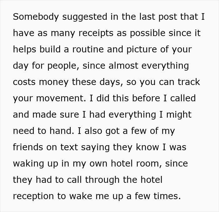 Text excerpt discussing routines, receipts, and friends confirming waking up alone in a hotel room related to woman accused of sleeping with sister&rsquo;s fianc&eacute;.