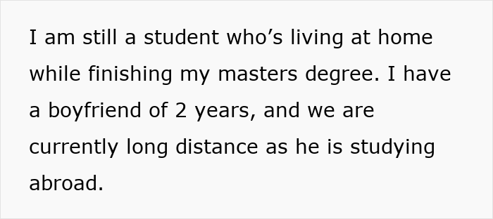 Alt text: Text about a woman explaining her long-distance relationship while finishing her master&rsquo;s degree at home.