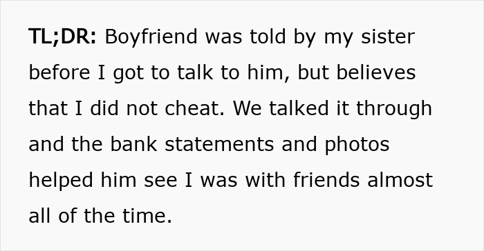 Text excerpt from woman accused of sleeping with sister&rsquo;s fianc&eacute; explaining boyfriend believes her after reviewing evidence.