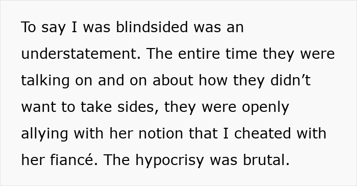 Text excerpt about woman accused of cheating with sister&rsquo;s fianc&eacute;, describing family&rsquo;s hypocritical reaction and disbelief.