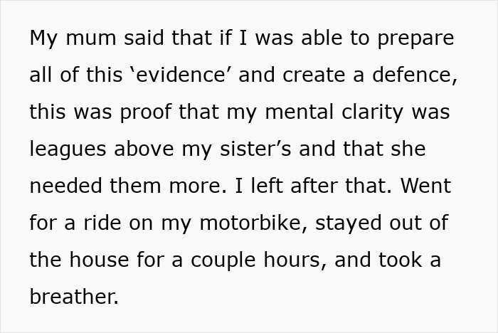 Text on a grey background showing a personal statement about mental clarity and family conflict involving a sister&rsquo;s fianc&eacute;.