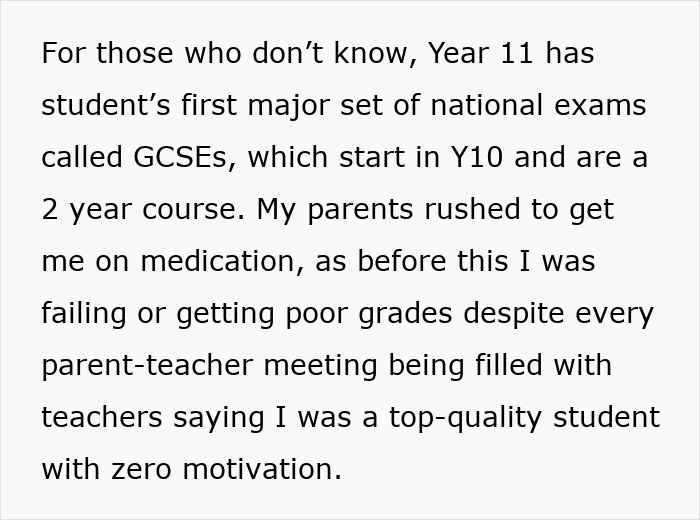 Text excerpt discussing a Year 11 student's GCSE exams, poor grades, and parents seeking medication for motivation.