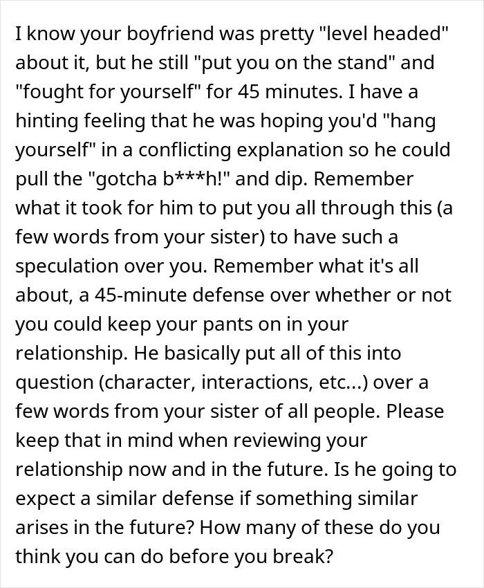 Text message discussing relationship trust issues involving a woman accused of sleeping with her sister&rsquo;s fianc&eacute;.