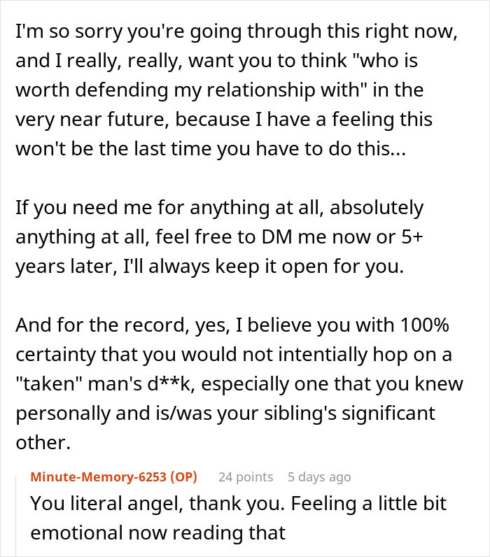 Text message expressing support to woman accused of sleeping with sister&rsquo;s fianc&eacute; over a coincidence, family conflict included.