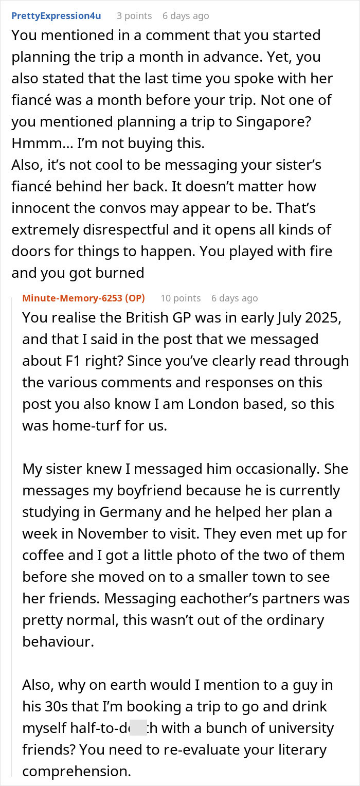 Comments discussing a woman accused of sleeping with her sister&rsquo;s fianc&eacute; causing family conflict over a coincidence.