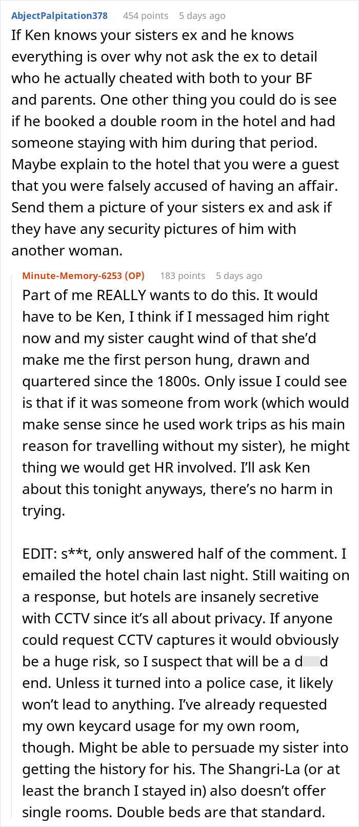 Reddit conversation discussing a woman accused of sleeping with her sister&rsquo;s fianc&eacute; and family disbelief.
