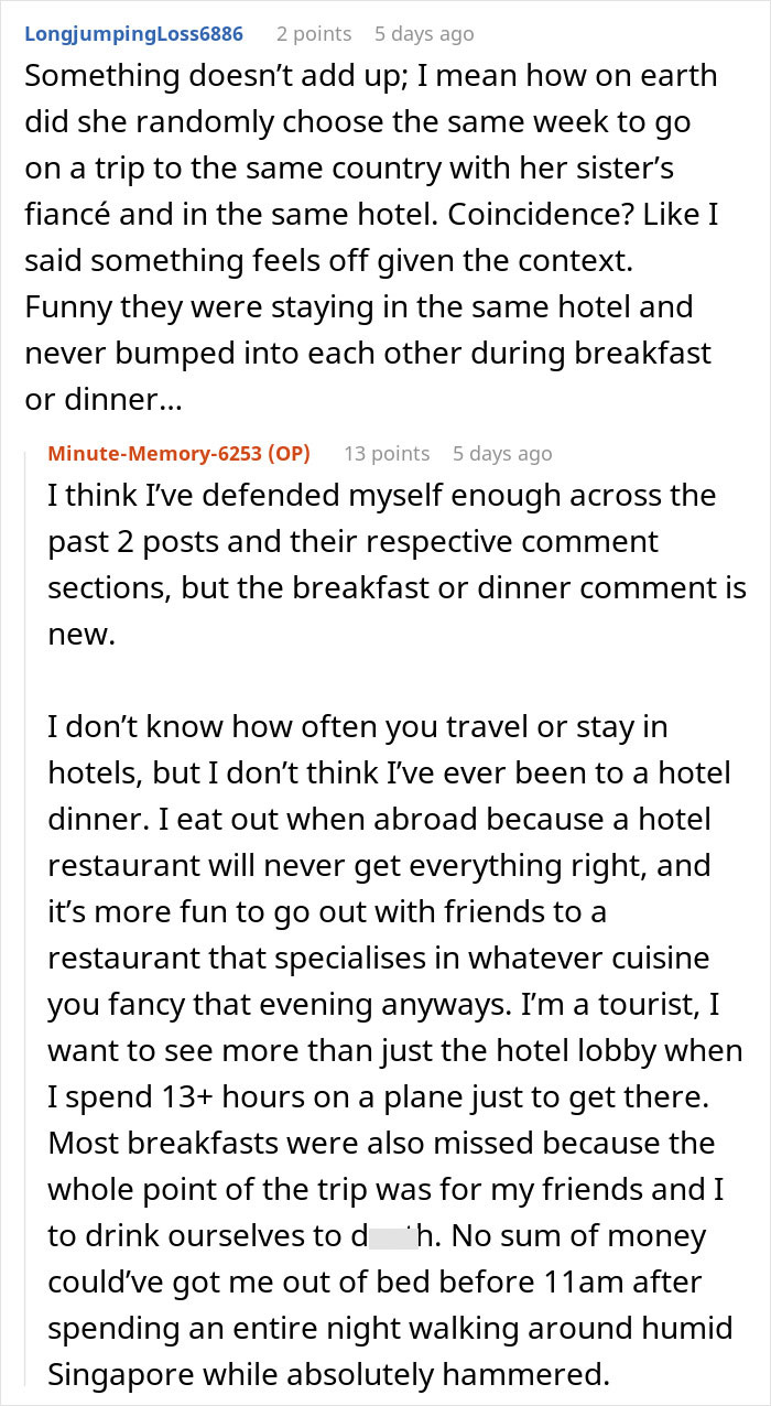 Text conversation discussing a woman accused of sleeping with her sister&rsquo;s fianc&eacute; over a supposed coincidence.