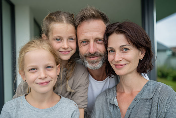 A happy family portrait of a woman, man, and two girls, looking at the camera. Husband secret wife explored.