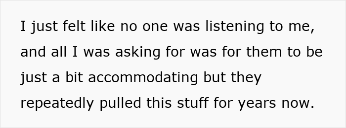 Text overlay: I just felt like no one was listening to me, and all I was asking for was for them to be just a bit accommodating but they repeatedly pulled this stuff for years now. This illustrates the frustration of a woman deciding to quit the marriage due to repeated disrespect.