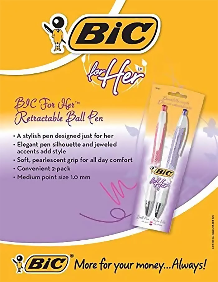 BIC for Her retractable ball pens with jeweled accents and stylish design, an example of marketing fails with big budgets.