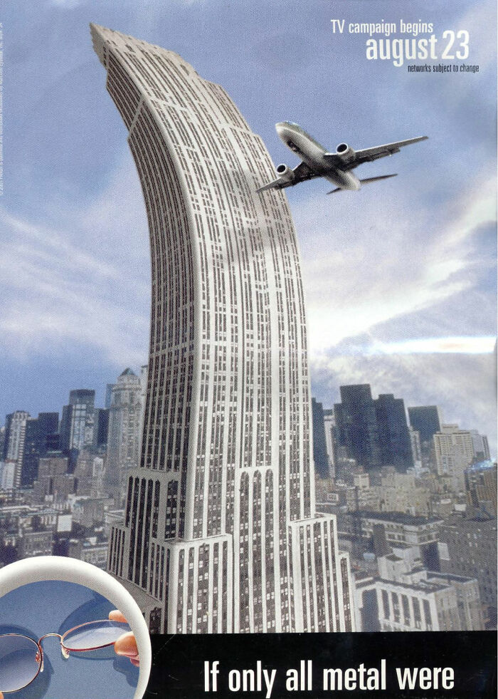 Bent skyscraper with plane flying close, illustrating a major marketing fail with a city skyline in the background.