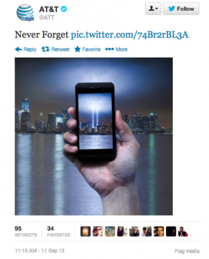 Tweet from AT&T with a smartphone showing Twin Towers tribute lights, an example of notable marketing fails.