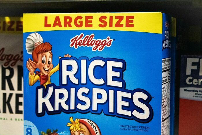 Box of Kellogg's Rice Krispies cereal in large size, a nostalgic family breakfast food many enjoyed together.