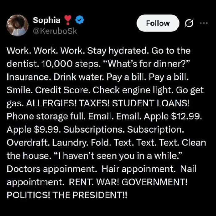 Tweet listing overwhelming daily tasks and worries reflecting dystopian aspects of life in the United States today.