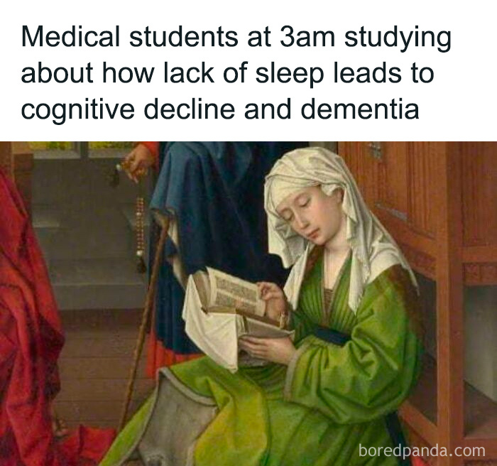 A woman in medieval attire reading a book late at night, a visual meme for medical memes for doctors.