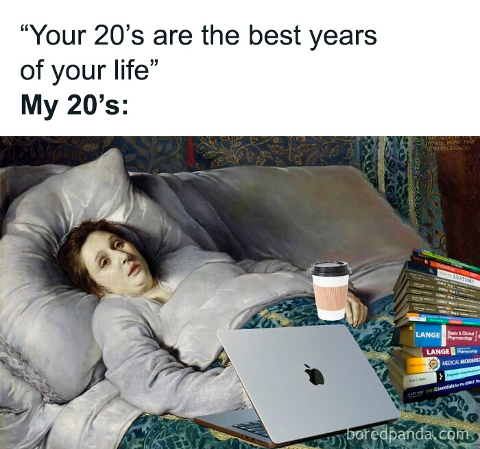 A person resembling a classic painting subject lies in bed with a laptop and medical textbooks. A funny medical meme.