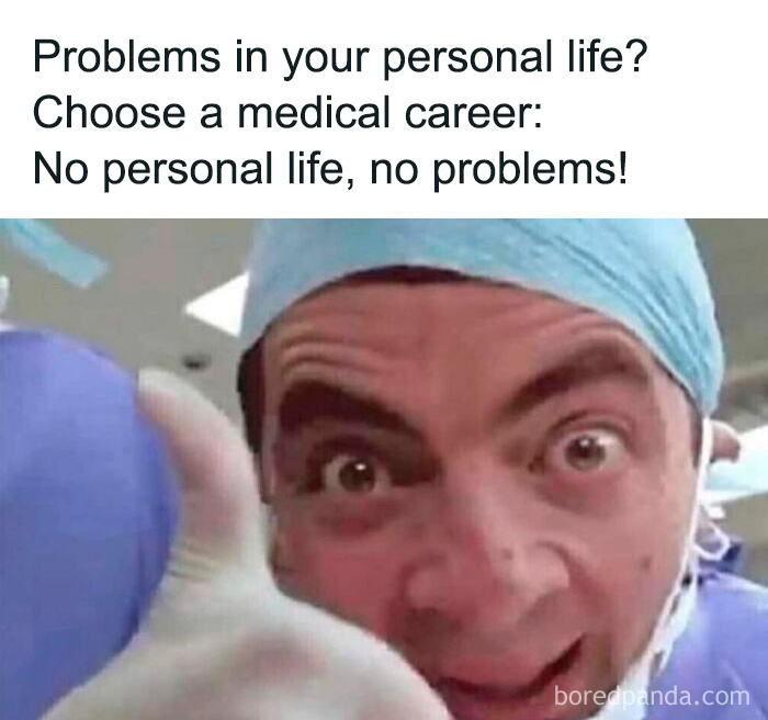 Funny medical meme showing Mr. Bean as a doctor, wide-eyed, giving a thumbs-up. Ideal for doctors and nurses.