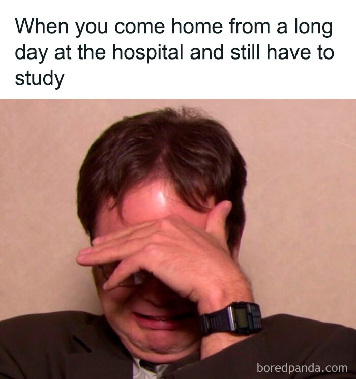 Dwight Schrute crying, hand over face, after a long day at the hospital. A perfect image for medical memes.