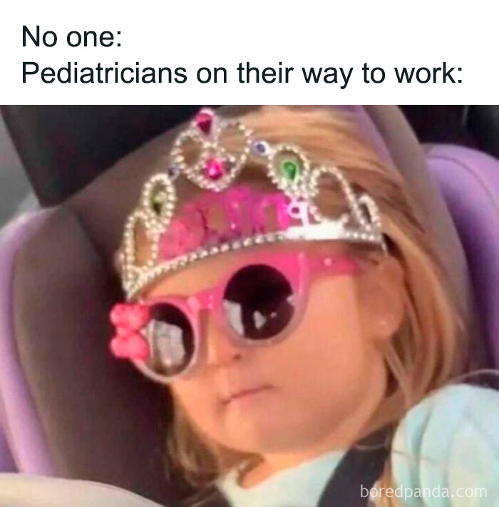 A child in a princess tiara and pink sunglasses, riding in a car, an image from medical memes.