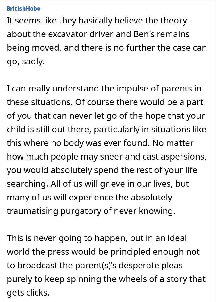 Comment on theory about remains and trauma in missing child case