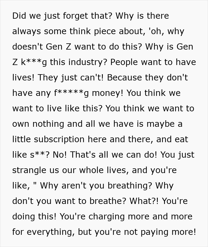 Text discussing Gen Z's inability to spend due to financial issues Text discussing Gen Z's inability to spend due to financial issues