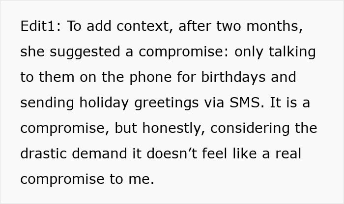 A text excerpt discussing a fianc&eacute;e's suggested compromise for cutting off his parents, which doesn't feel like a real compromise.
