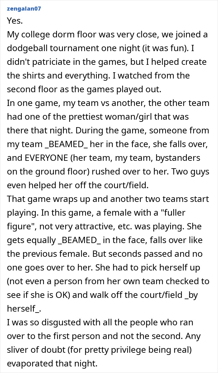 Personal story illustrating pretty privilege in social attention during sports event