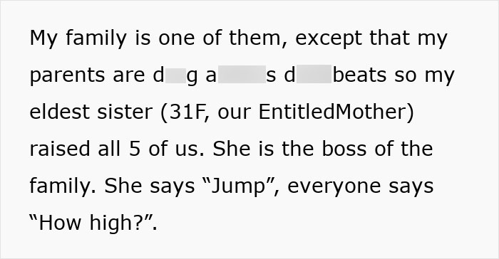 Text describing eldest sister's control in family revenge story