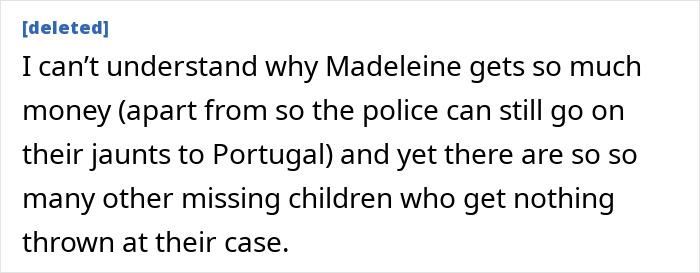 Comment questioning funding disparity in missing child cases