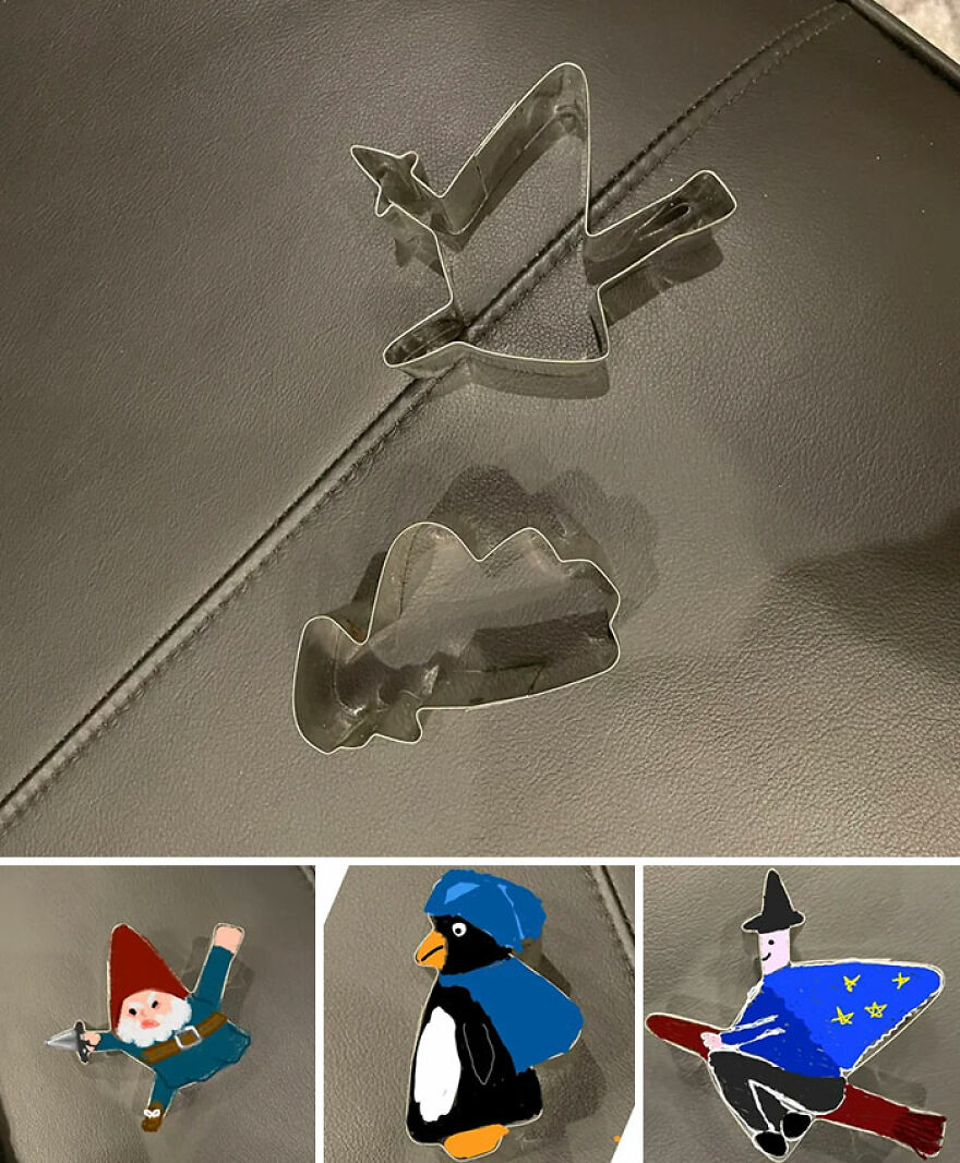 Cookie shapes mystery: metal cutters, then their imagined forms: a gnome, a penguin, and a witch on a broom.