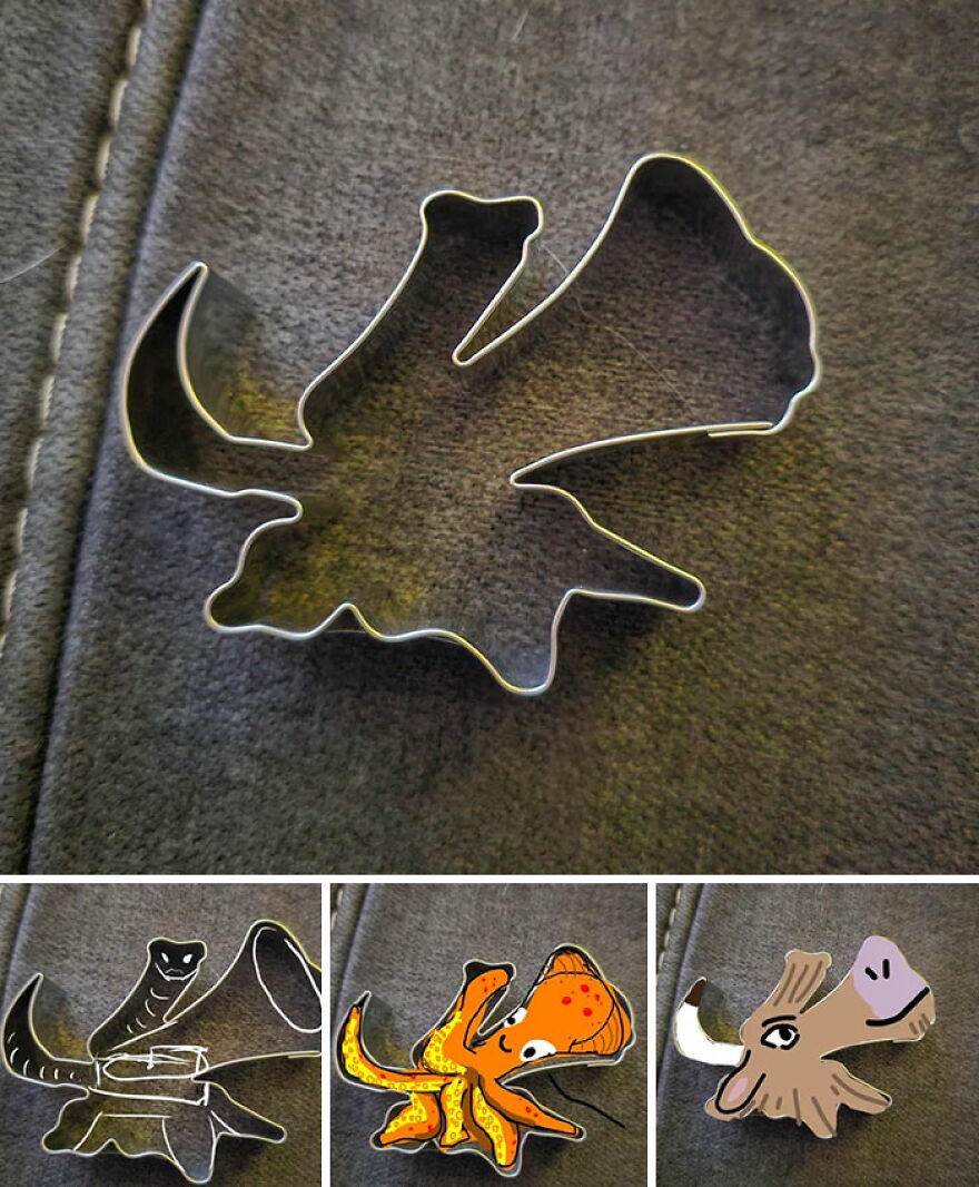 A metal cookie cutter of an unusual shape, with humorous drawings suggesting possible cookie shapes, including an octopus.