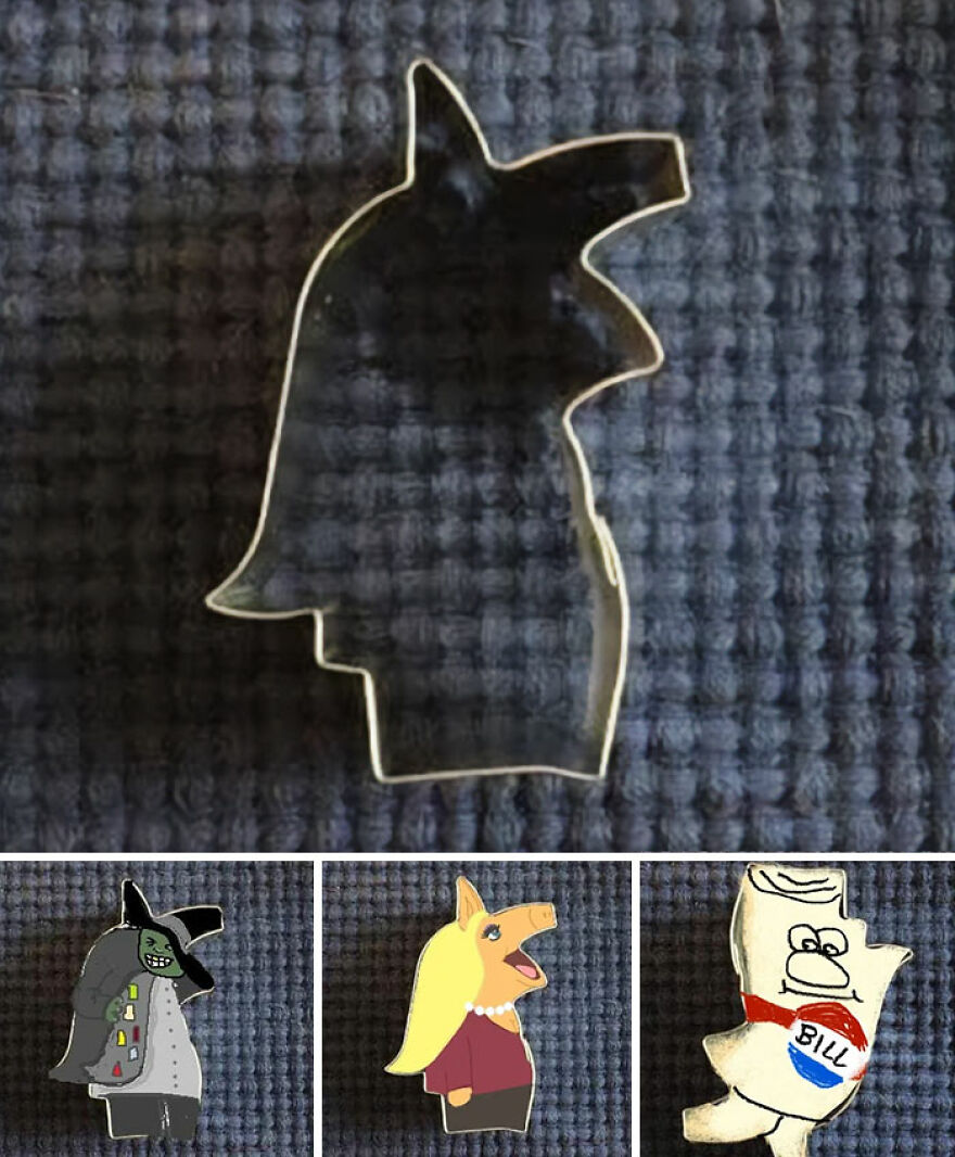 Cookie shapes: a metal cookie cutter and three decorated cookies resembling a witch, Miss Piggy, and Bill from Schoolhouse Rock.