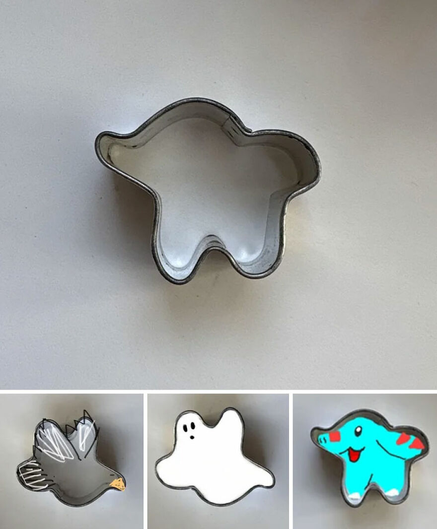 A cookie cutter with proposed shapes: a bird, a ghost, and a blue elephant, demonstrating diverse cookie shapes.
