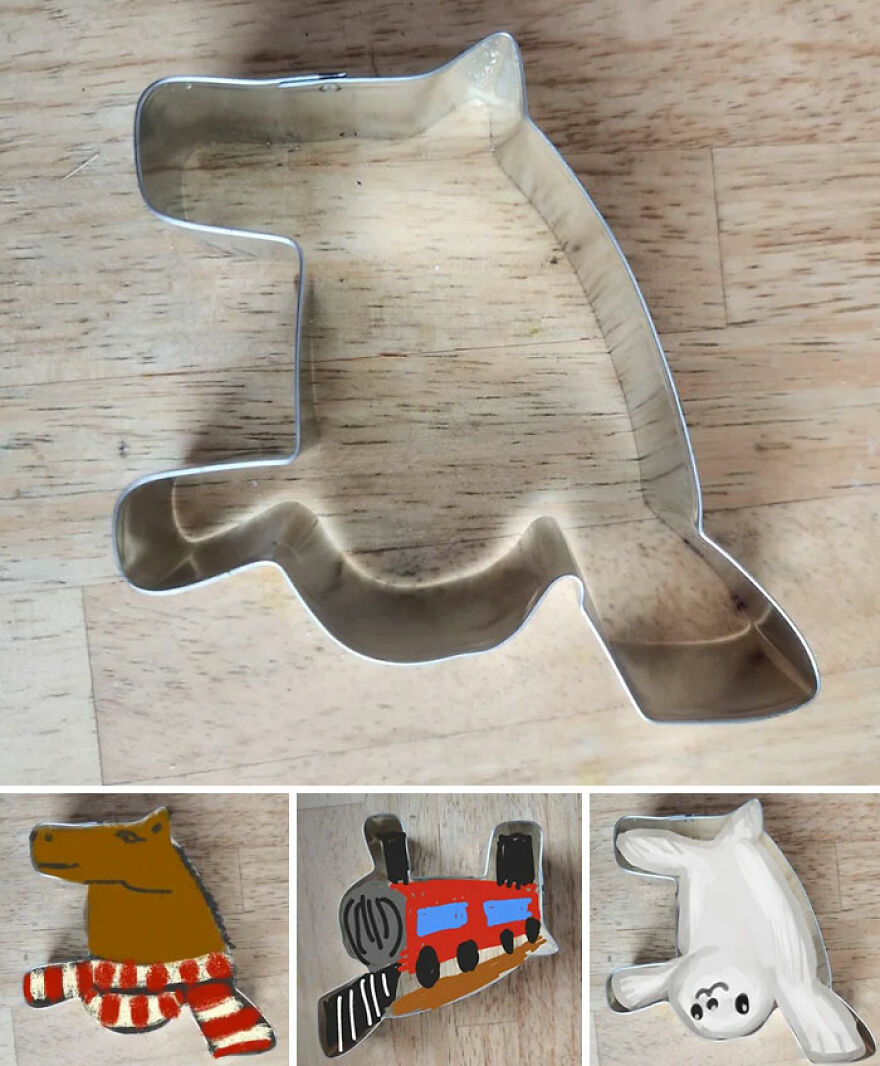 A single unusual cookie cutter shape above three humorous interpretations: a horse, a train, and a seal, revealing amazing responses to common cookie shapes.