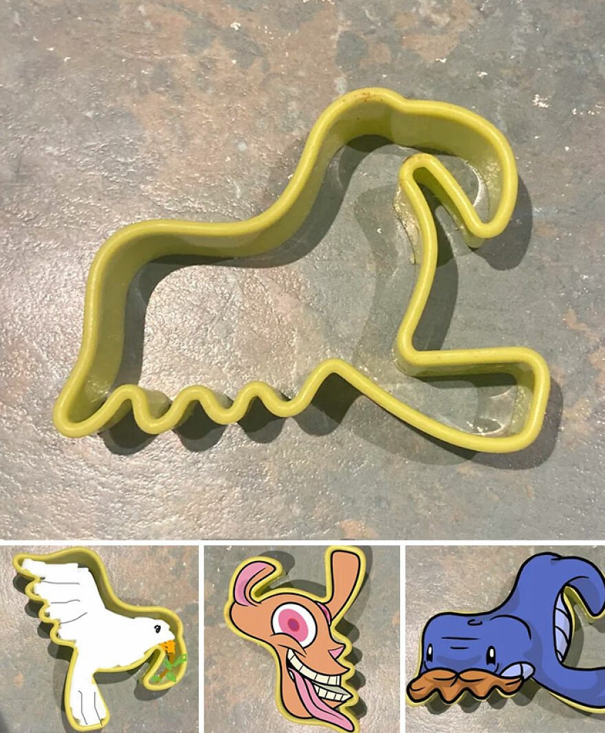 A yellow, wavy cookie cutter with three colored examples below, showing potential cookie shapes as a bird, a cartoon character, and a platypus, inspiring creative cookie designs.