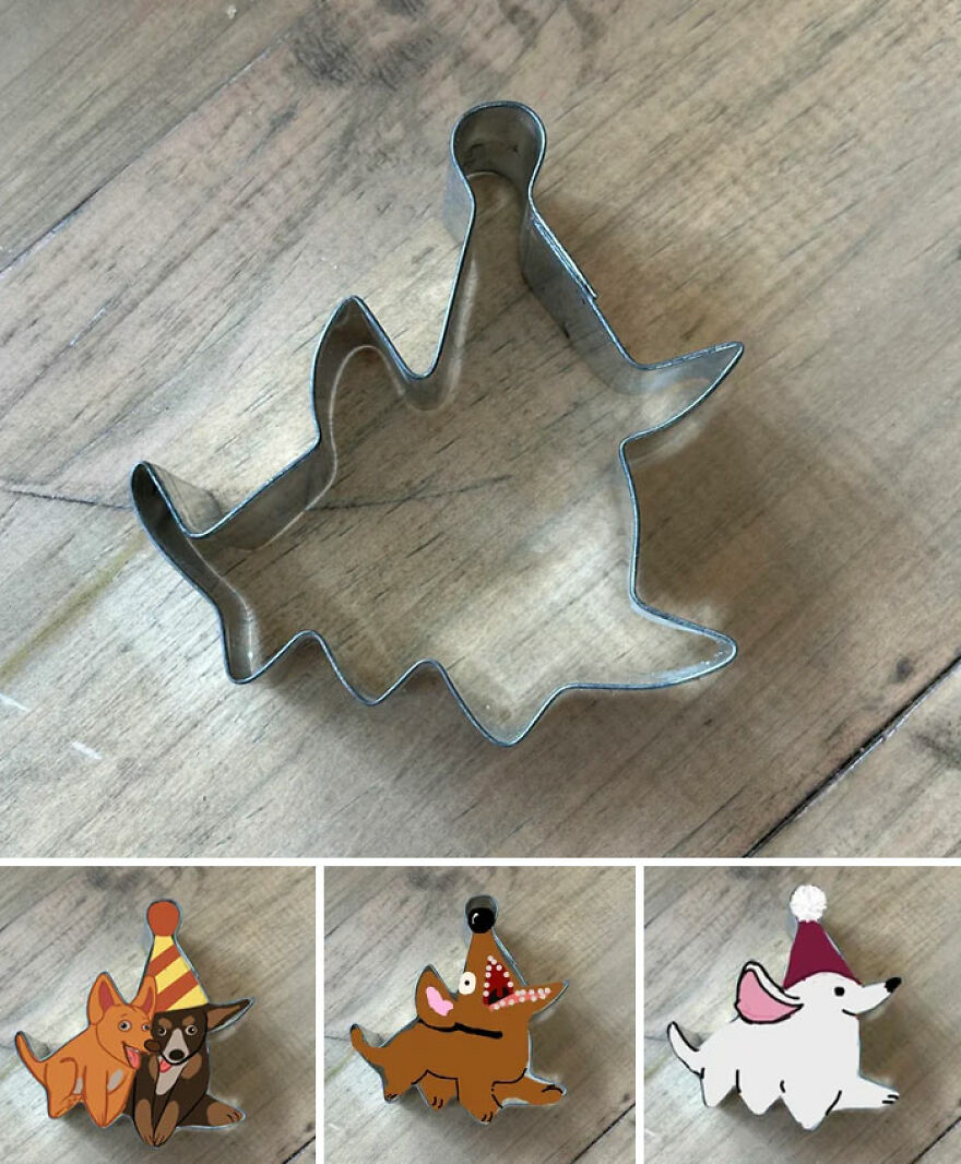 Cookie shapes: A metal cookie cutter and three illustrations of party-hat wearing dogs, showing creative responses.