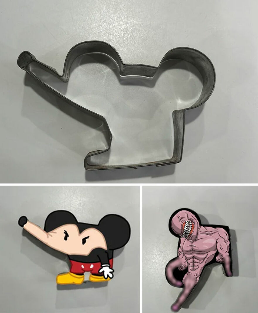 Cookie shapes: A metal cookie cutter with two interpretations below it, one a distorted Mickey Mouse and the other a monster.