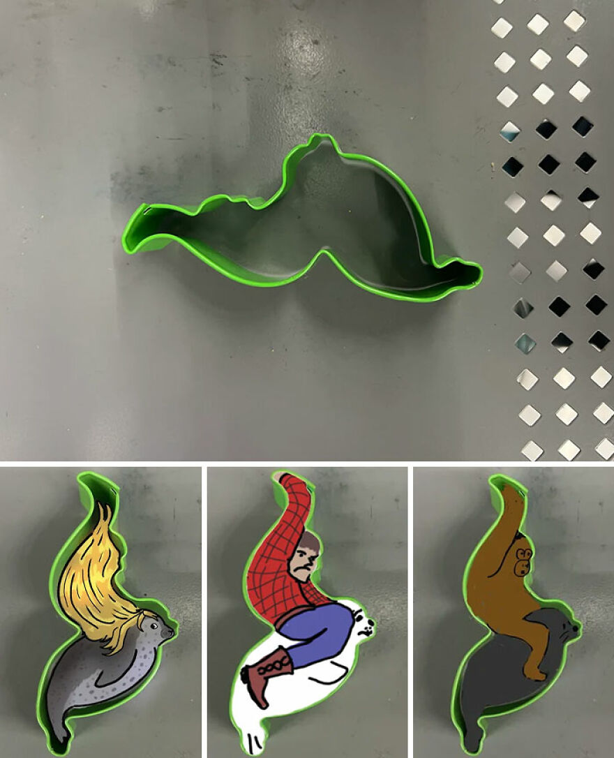 A green cookie cutter and three illustrations revealing the unexpected cookie shapes: a mermaid seal, a man riding a seal, and a monkey riding a seal.