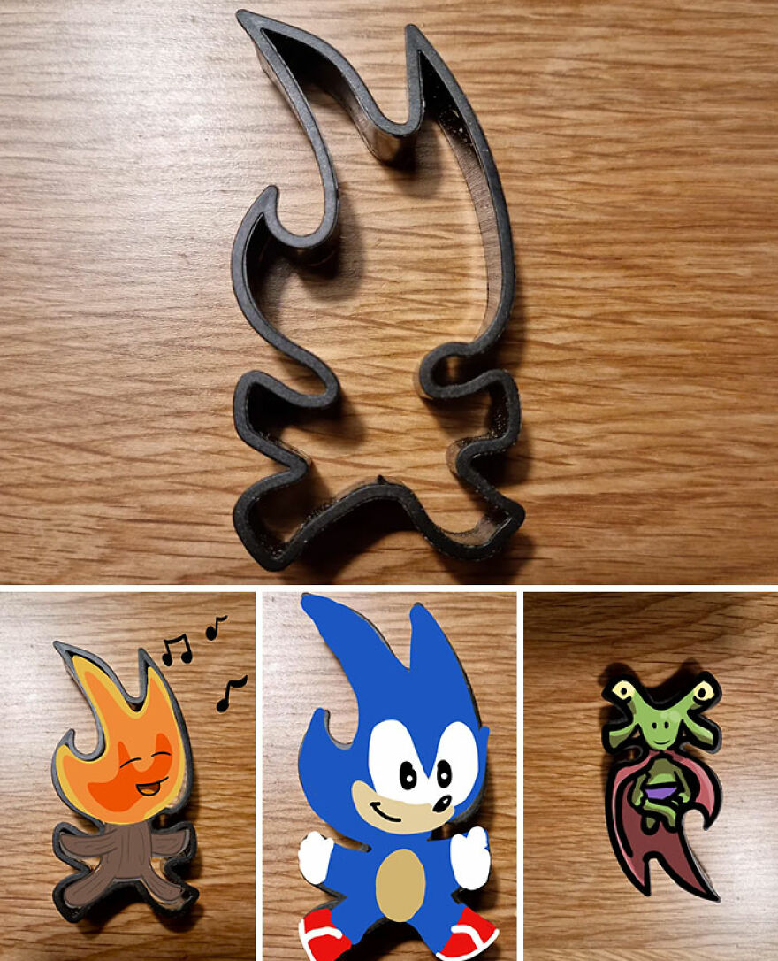 A flame cookie cutter transforming into a campfire, Sonic the Hedgehog, and an alien, showcasing creative cookie shapes.