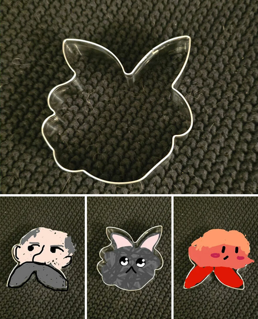 A metal cookie cutter shape resembling a bunny head, with digital drawings showing funny cookie shapes it could be.
