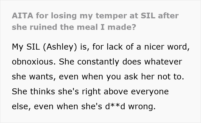 Text about losing temper with sister-in-law who ruined meal