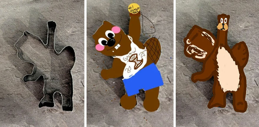 A cookie cutter and two decorated cookies of a beaver, showcasing how different cookie shapes are interpreted.
