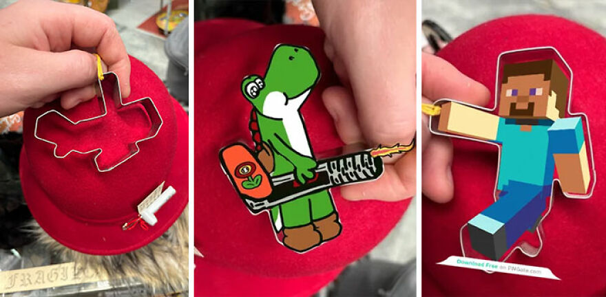 Hands holding up three cookie shapes: a Texas outline, Yoshi playing guitar, and Minecraft's Steve.