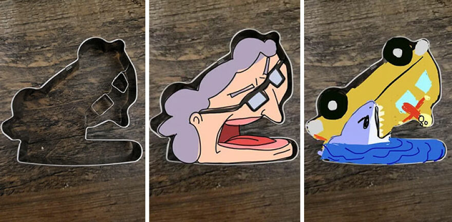 A metal cookie cutter, then an old woman's profile, then a shark eating a yellow car. Amazing cookie shapes!